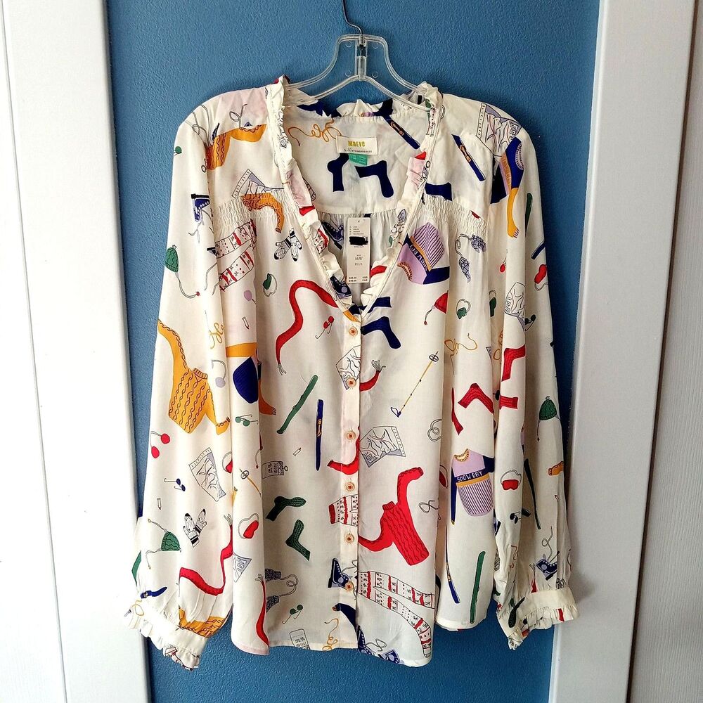 Anthropologie 16W MAEVE Marisol Ruffled Blouse Shirt Snow Day NWT *FLAW *READ